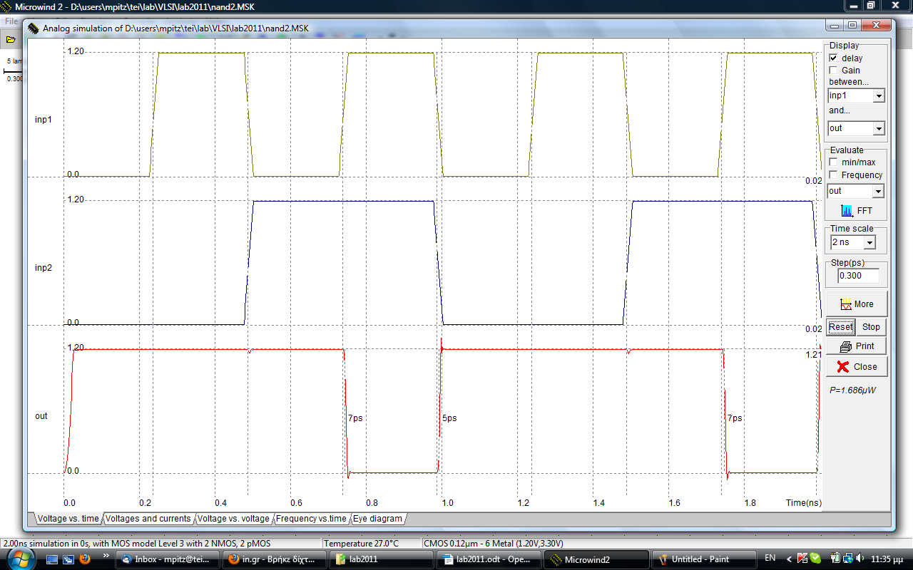 OUT INP1 INP2 Σχήμα 4.2. Φυσικός σχεδιασμός (layout) πύλης NAND 2 εισόδων. B. Εξομοίωση της πύλης 1.