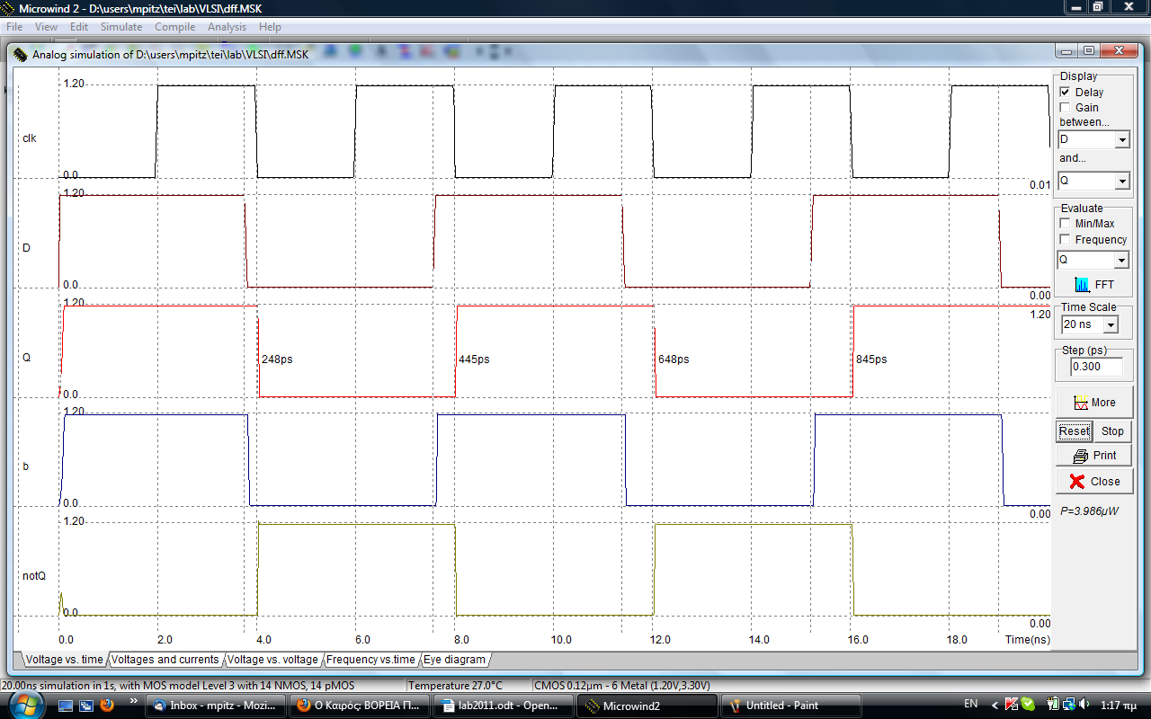 4. Εξομοιώστε το layout του D flip-flop που σχεδιάσατε ώστε να παραχθούν οι κυματομορφές που δίνονται στο επόμενο σχήμα.