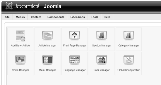 Περιβάλλον εργασίας Site Control Panel (η αρχική οθόνη του Joomla!, περιλαμβάνει shortcuts για τον Article manager,section manager κ.