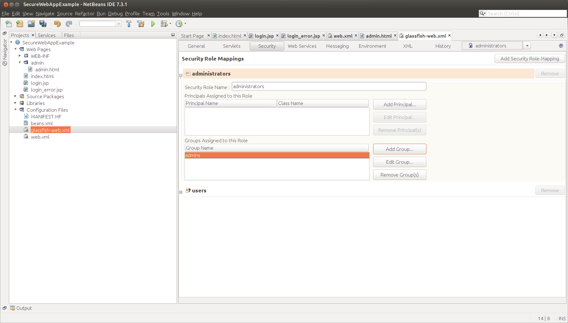 Αντιστοιχίσεις Ρόλων Ασφαλείας Οι ρόλοι ασφαλείας πρέπει να αντιστοιχιστούν σε ομάδες του εξυπηρετητή στο αρχείο glassfish-web.xml.
