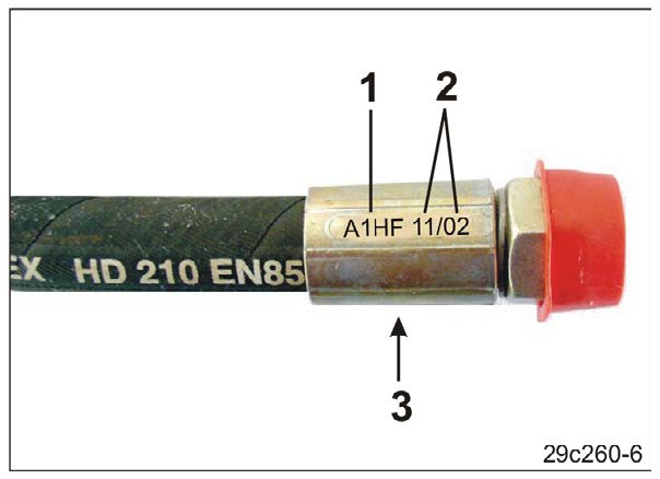 12.2.4.1 Σήμανση των αγωγών του υδραυλικού συστήματος Η σήμανση του εξαρτήματος σύνδεσης παρέχει τις ακόλουθες πληροφορίες: Εικ. 65/.