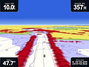 Χρήση χαρτών Χρήση χαρτών Ραντάρ επιφάνειας εμφανίστε ενδείξεις ραντάρ από την επιφάνεια του νερού όταν η μονάδα είναι συνδεδεμένη σε ένα ναυτικό ραντάρ (σελίδα 39).