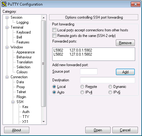 Στον υπολογιστή σας, αν το ΛΣ είναι τύπου Unix, χρησιμοποιήστε το ssh με την παράμετρο -L για την προώθηση των θυρών, όπως περιγράφεται παρακάτω.