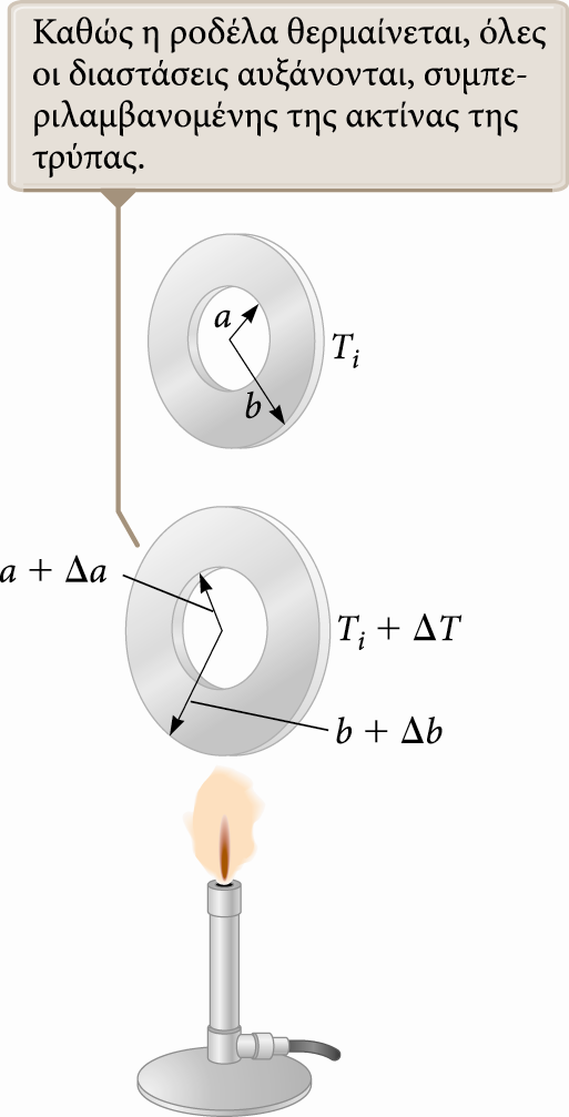 Θερμική διαστολή Παράδειγμα Καθώς θερμαίνεται η ροδέλα που φαίνεται στα δεξιά, όλες οι διαστάσεις της αυξάνονται.