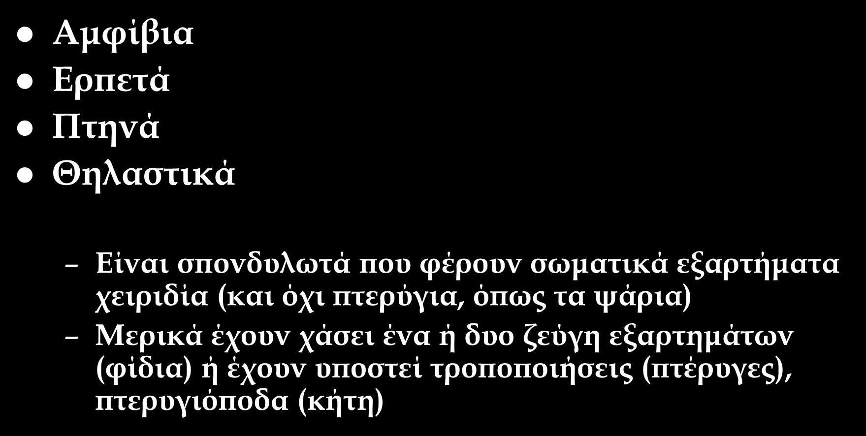 Υπέρκλαση Τετράποδα (Tetrapoda) Αμφίβια Ερπετά Πτηνά Θηλαστικά Είναι σπονδυλωτά που φέρουν σωματικά εξαρτήματα χειριδία (και όχι