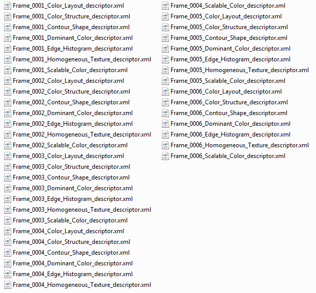 Σε κάθε ένα από τα αρχεία αυτά εγγράφονται τα αποτελέσματα της εξαγωγής των descriptors με βάση όπως αυτοι αναλύθηκαν στο κεφάλαιο 4 και με τιμές όπως αναφέρονται στο παράρτημα 1.