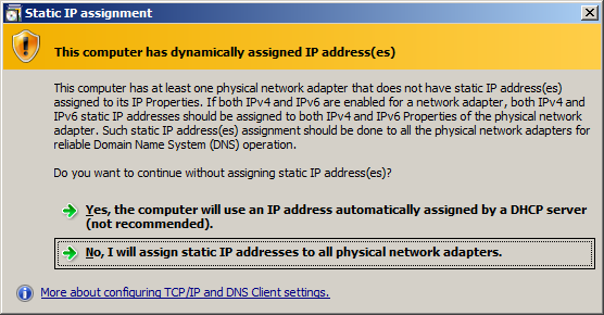 Εµφανίζεται µία προειδοποίηση για το ότι ο υπολογιστής δεν έχει µία σταθερή διεύθυνση IP.