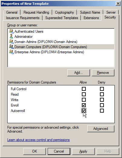 Στην καρτέλα Security επιλέγουµε το Domain Computers από την λίστα στην κορυφή.