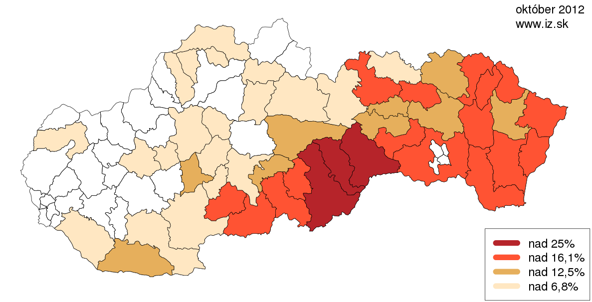 44 Slovensko. Kraje alebo župy? Ako ukazujú dáta (tab. č. 15), miera evidovanej nezamestnanosti v období 2001 až 2012 klesla vo všetkých našich krajoch.