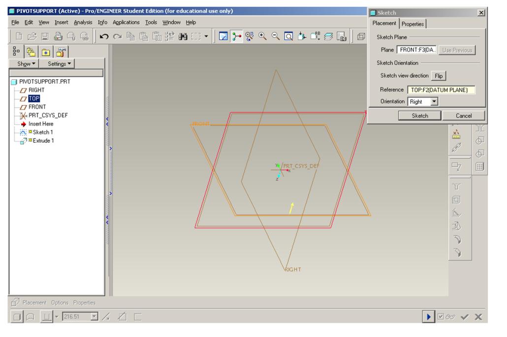 Σχήμα (5.32) Επιλογή επιπέδου σχεδίασης Εμφανίζεται το περιβάλλον 2Δ σχεδίασης (Sketcher) με μία νέα σειρά εργαλείων- «κουμπιών» δεξιά του χώρου σχεδίασης.