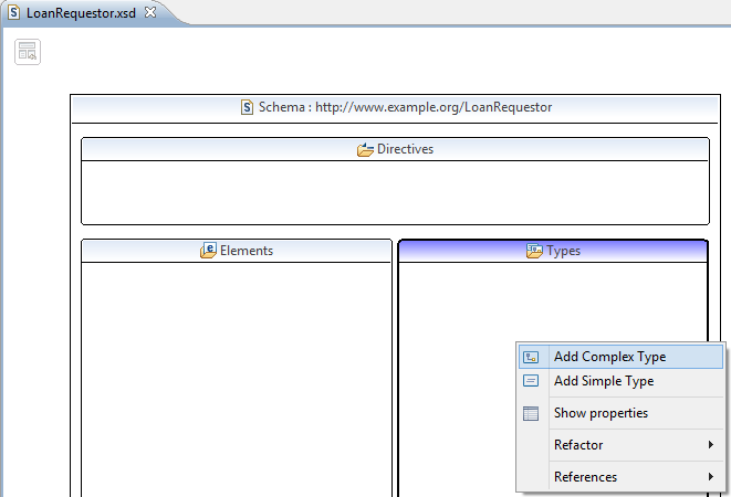XSD Schema (1/6) Right click in the Types area and select Add Complex Type and name it