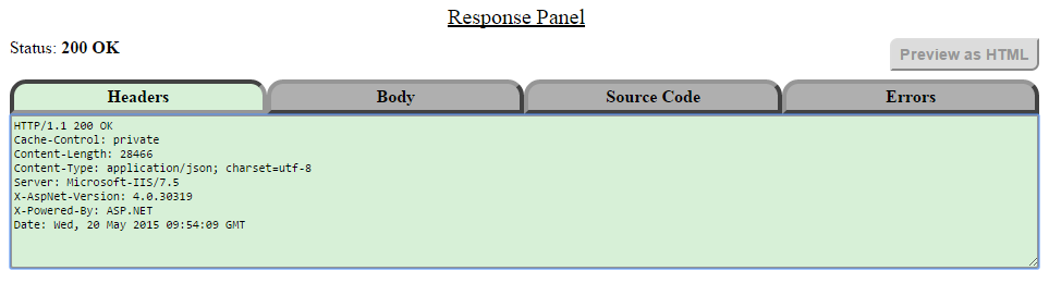 Εικόνα Π 22: Παράδειγμα της καρτέλας «Body» του Response Panel για επιτυχή κλήση Εφόσον η κλήση είναι επιτυχής (Εικόνα 4-4), τα περιεχόμενα της καρτέλας έχουν τη μορφή