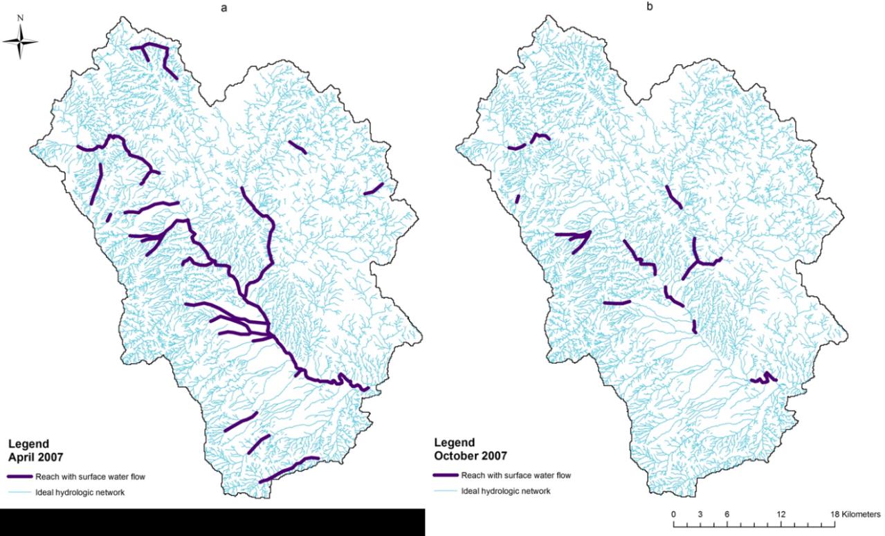 Εικόνα 4.23. Υδρολογικός χάρτης ροής Ευρώτα ποταμού a) Απρίλιος 2007 και b) Οκτώβριος 2007. Οι έντονες γραμμές αντιπροσωπεύουν τμήματα του ποταμού με ροή.