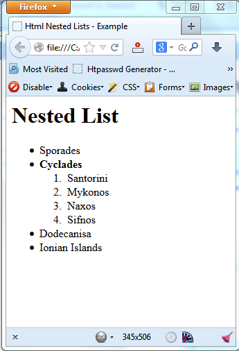 Εμφωλευμένη λίστα Παράδειγμα 5: <h1>nested List</h1> <ul> <li>sporades</li> <li><b>cyclades</b> <ol> <li>santorini</li>