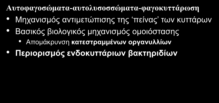 Αυτοφαγία & παθογένεια νόσου Crohn Αυτοφαγοσώματα-αυτολυσοσσώματα-φαγοκυττάρωση Μηχανισμός αντιμετώπισης της πείνας των κυττάρων Βασικός βιολογικός