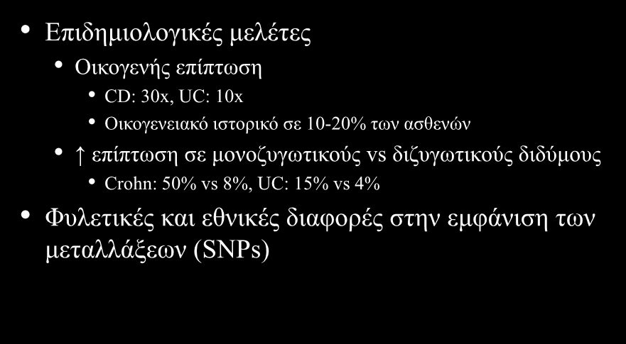 Συμμετοχή γενετικών παραγόντων Επιδημιολογικές μελέτες Οικογενής επίπτωση CD: 30x, UC: 10x Οικογενειακό ιστορικό σε 10-20% των ασθενών επίπτωση σε μονοζυγωτικούς vs διζυγωτικούς διδύμους Crohn: