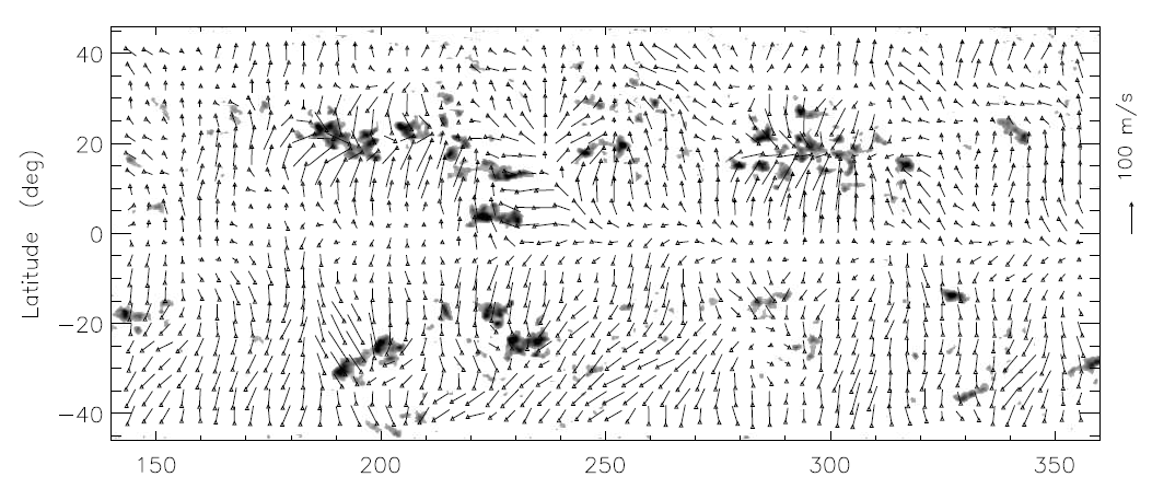 Map of near-surface horizontal flows obtained for Carrington rotation 1949 using f- mode time-distance helioseismology. A smooth rotation profile has been subtracted.