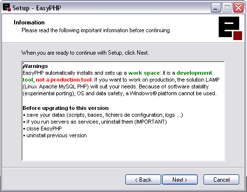 Κεφάλαιο 2ο : PHP, MySQL & Apache Server Το τρίτο παράθυρο μας ενημερώνει για τους όρους χρήσης. Εάν συμφωνούμε επιλέγουμε I accept the agreement και προχωράμε με το Next Εικόνα 2.