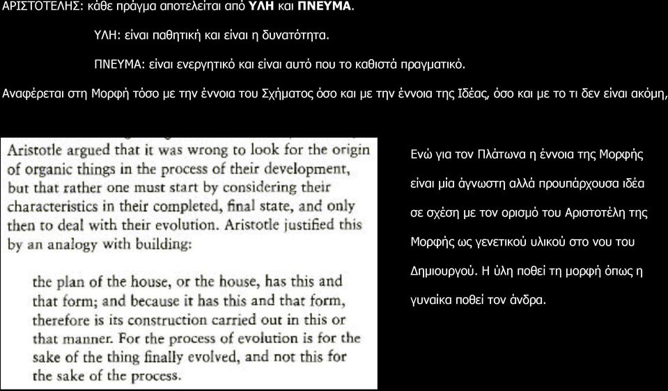 Αναφέρεται στη Μορφή τόσο με την έννοια του Σχήματος όσο και με την έννοια της Ιδέας, όσο και με το τι δεν είναι ακόμη, Ενώ για