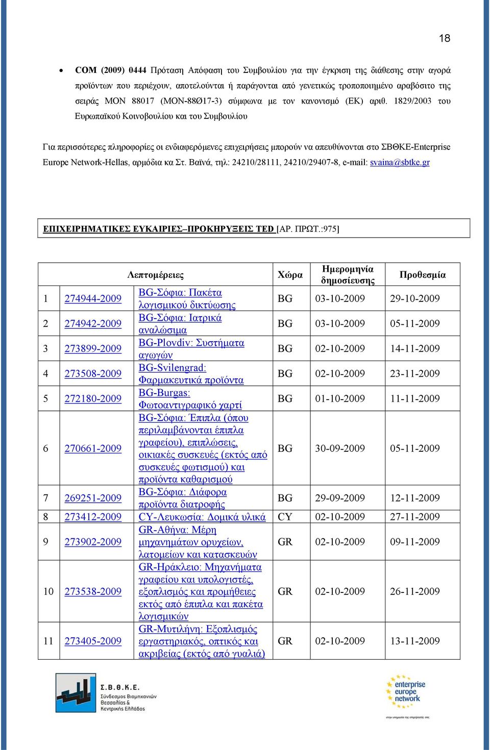 1829/2003 του Ευρωπαϊκού Κοινοβουλίου και του Συμβουλίου Για περισσότερες πληροφορίες οι ενδιαφερόμενες επιχειρήσεις μπορούν να απευθύνονται στο ΣΒΘΚΕ-Enterprise Europe Network-Hellas, αρμόδια κα Στ.