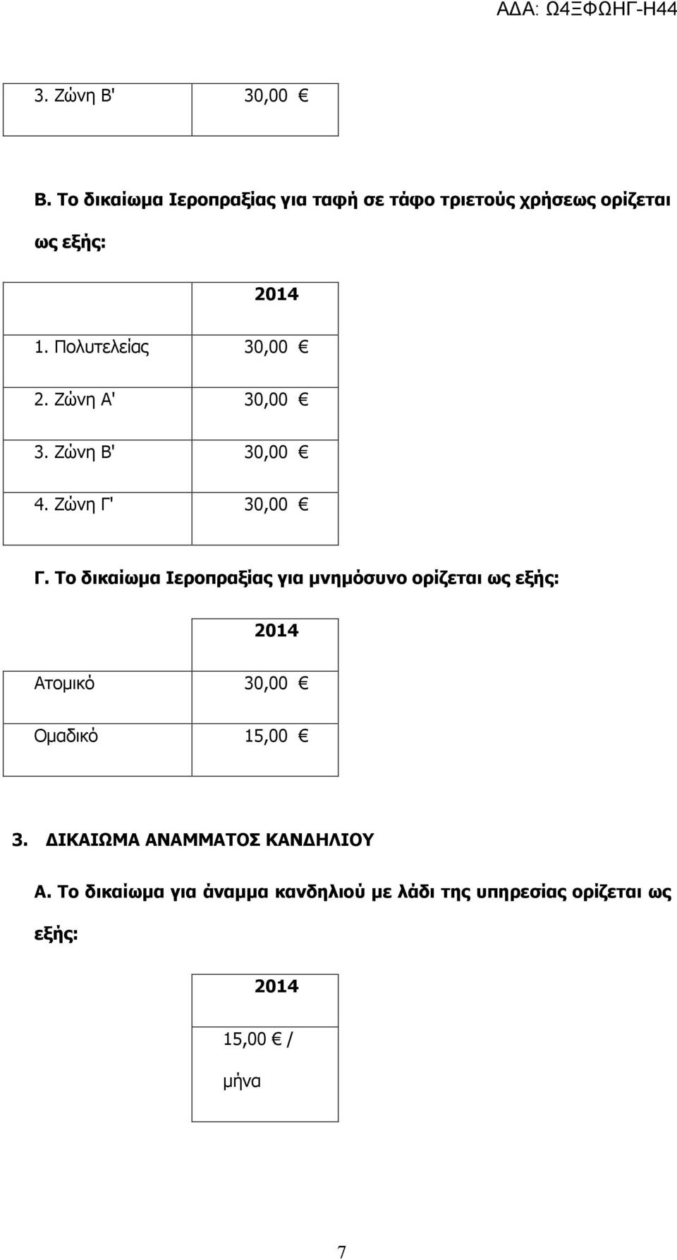 Πολυτελείας 30,00 2. Ζώνη Α' 30,00 3. Ζώνη Β' 30,00 4. Ζώνη Γ' 30,00 Γ.