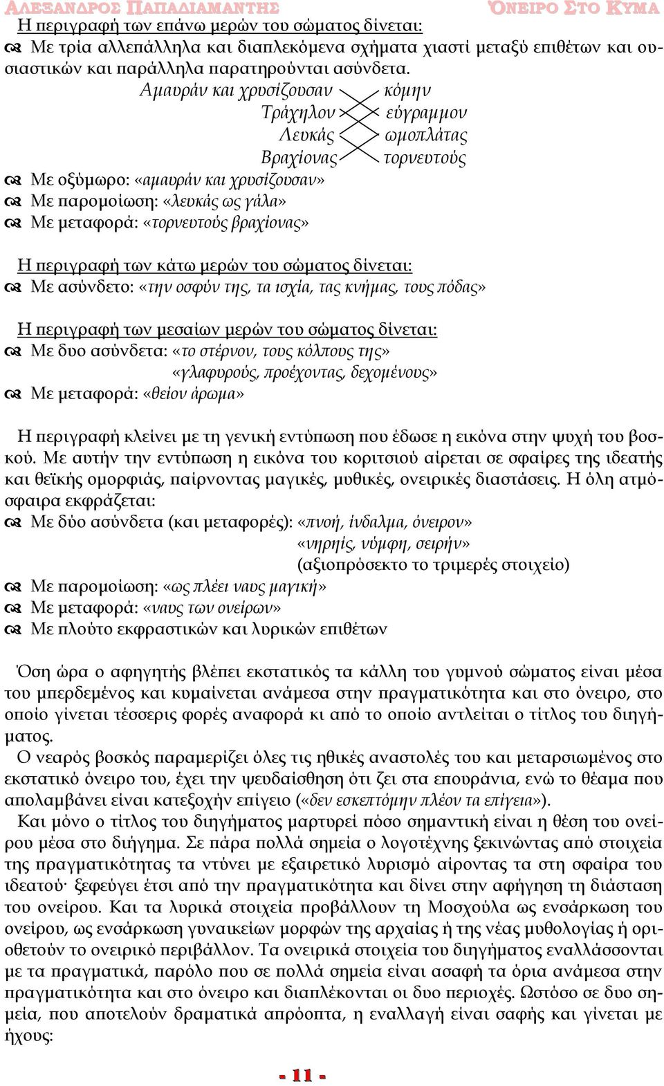 περιγραφή των κάτω μερών του σώματος δίνεται: Με ασύνδετο: «την οσφύν της, τα ισχία, τας κνήμας, τους πόδας» Η περιγραφή των μεσαίων μερών του σώματος δίνεται: Με δυο ασύνδετα: «το στέρνον, τους