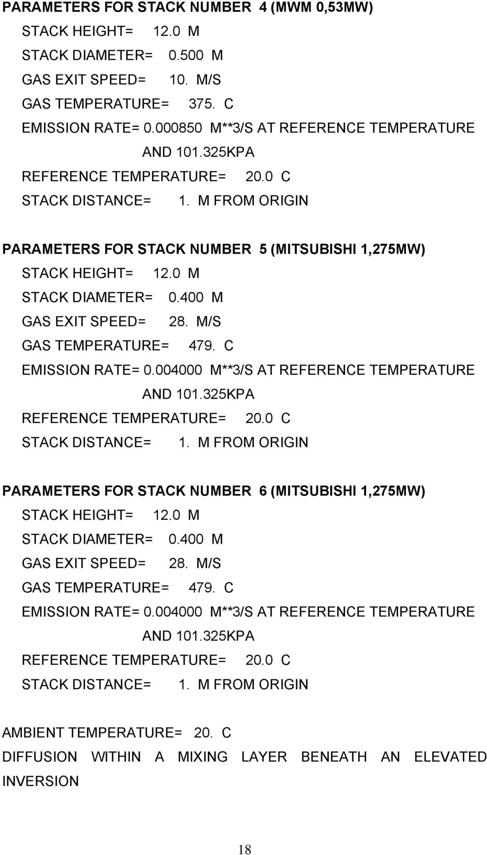 M/S GAS TEMPERATURE= 479. C EMISSION RATE= 0.004000 M**3/S AT REFERENCE TEMPERATURE AND 101.325KPA REFERENCE TEMPERATURE= 20.0 C STACK DISTANCE= 1.