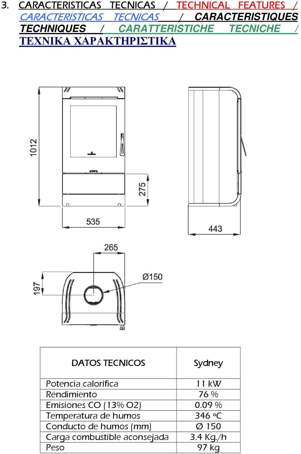 TECNICOS Sydney Potencia calorífica 11 kw Rendimiento 76 % Emisiones CO (13% O2) 0.