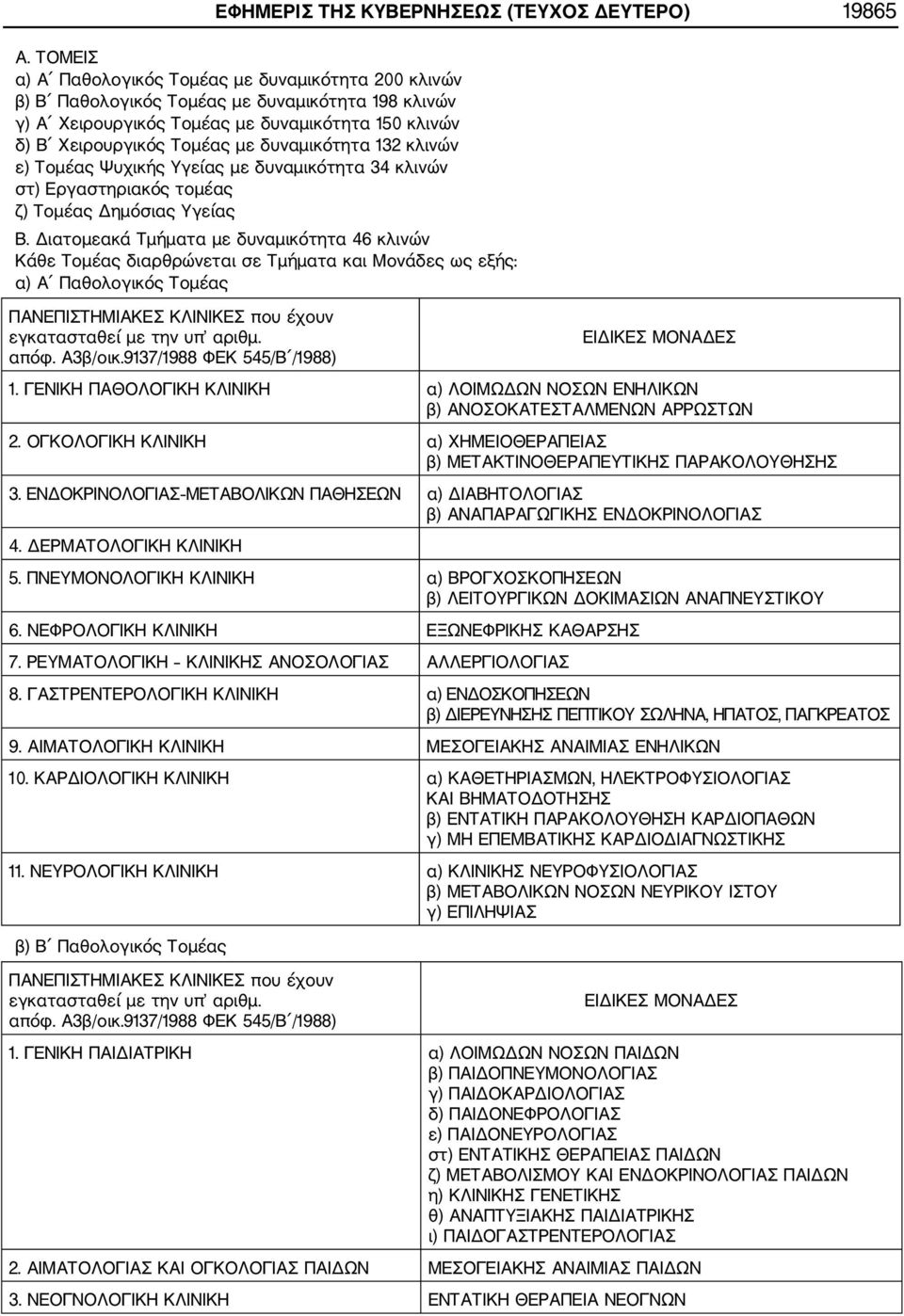 δυναμικότητα 132 κλινών ε) Τομέας Ψυχικής Υγείας με δυναμικότητα 34 κλινών στ) Εργαστηριακός τομέας ζ) Τομέας Δημόσιας Υγείας Β.