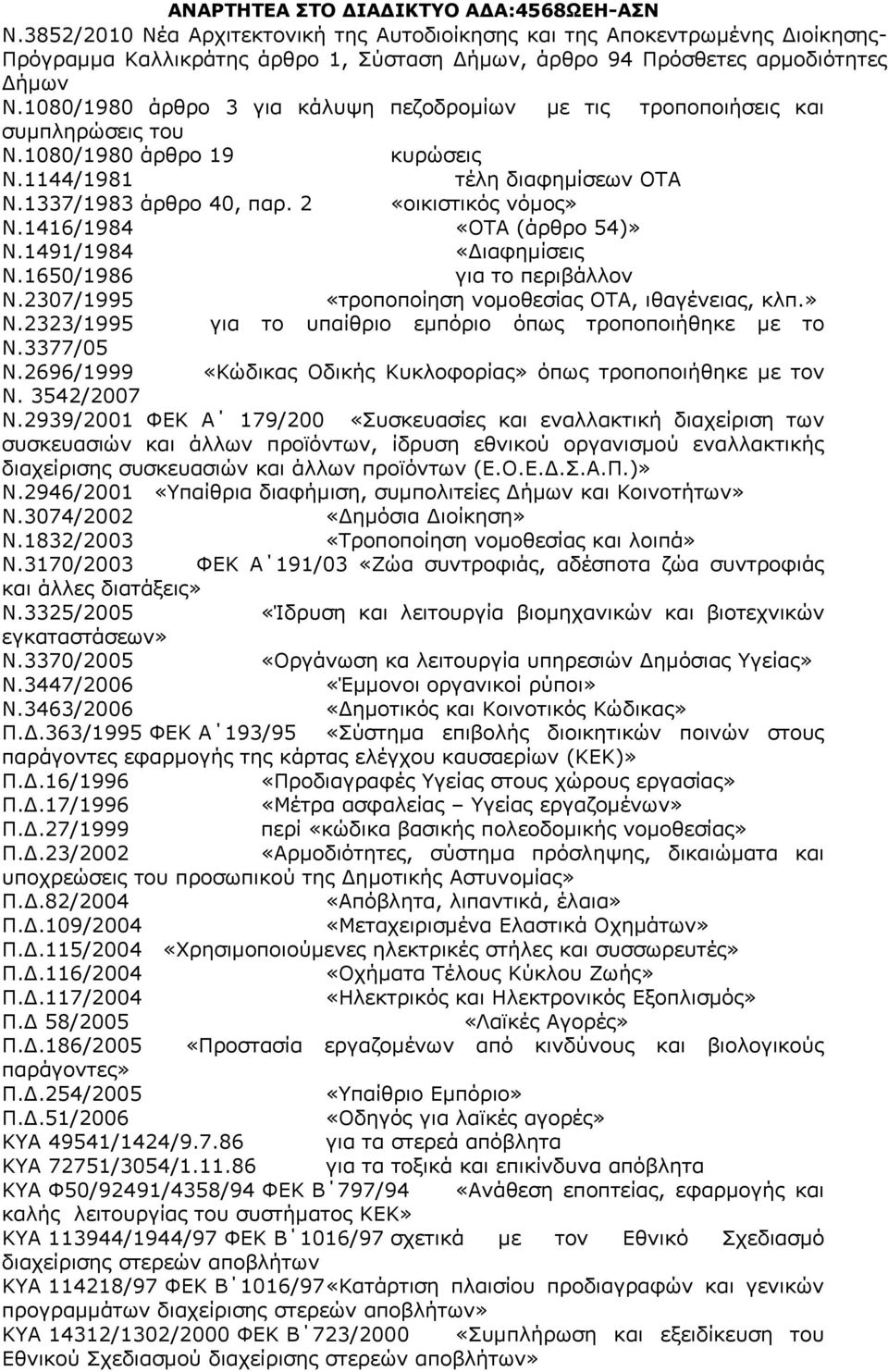 1416/1984 «ΟΤΑ (άρθρο 54)» Ν.1491/1984 «ιαφημίσεις Ν.1650/1986 για το περιβάλλον Ν.2307/1995 «τροποποίηση νομοθεσίας ΟΤΑ, ιθαγένειας, κλπ.» Ν.2323/1995 για το υπαίθριο εμπόριο όπως τροποποιήθηκε με το Ν.