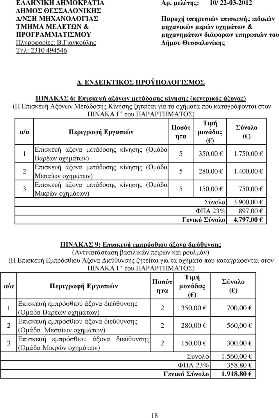 ΕΝ ΕΙΚΤΙΚΟΣ ΠΡΟΫΠΟΛΟΓΙΣΜΟΣ ΠΙΝΑΚΑΣ 6: Επισκευή αξόνων µετάδοσης κίνησης (κεντρικός άξονας) (Η Επισκευή Αξόνων Μετάδοσης Κίνησης ζητείται για τα οχήµατα που καταγράφονται στον ΠΙΝΑΚΑ Γ του