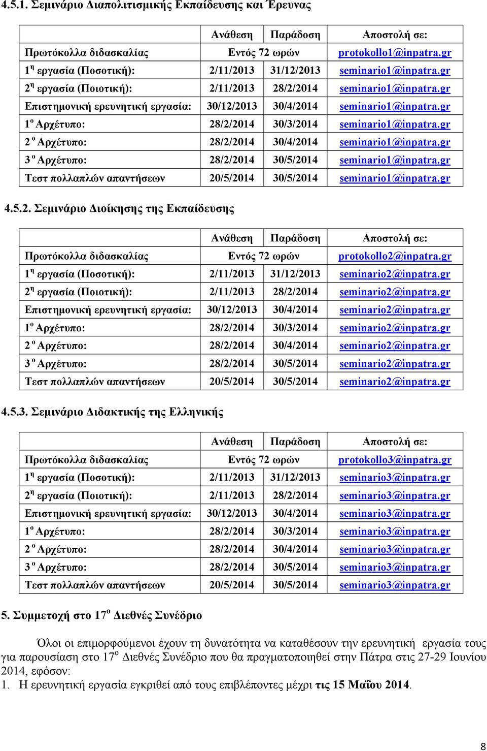 gr Επιστημονική ερευνητική εργασία: 30/12/2013 30/4/2014 seminario1@inpatra.gr 1 ο Αρχέτυπο: 28/2/2014 30/3/2014 seminario1@inpatra.gr 2 ο Αρχέτυπο: 28/2/2014 30/4/2014 seminario1@inpatra.