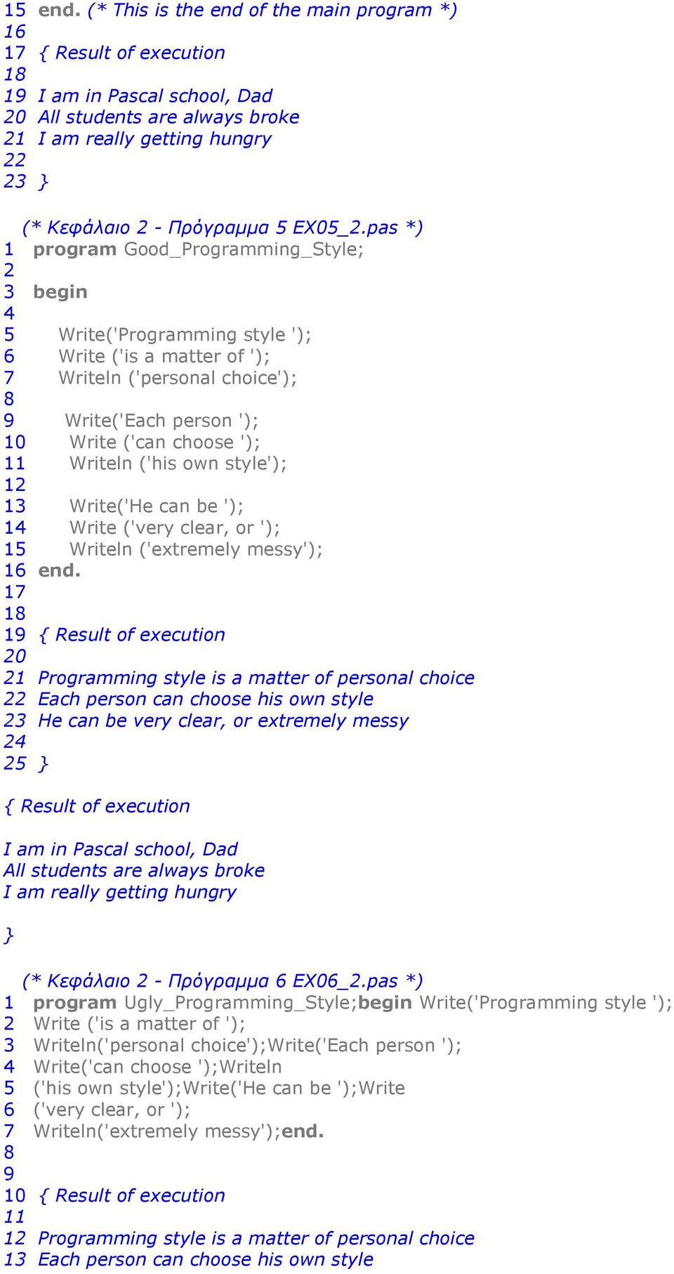 pas *) 1 program Good_Programming_Style; begin 4 5 Write('Programming style '); 6 Write ('is a matter of '); 7 Writeln ('personal choice'); Write('Each person '); 10 Write ('can choose '); 11 Writeln