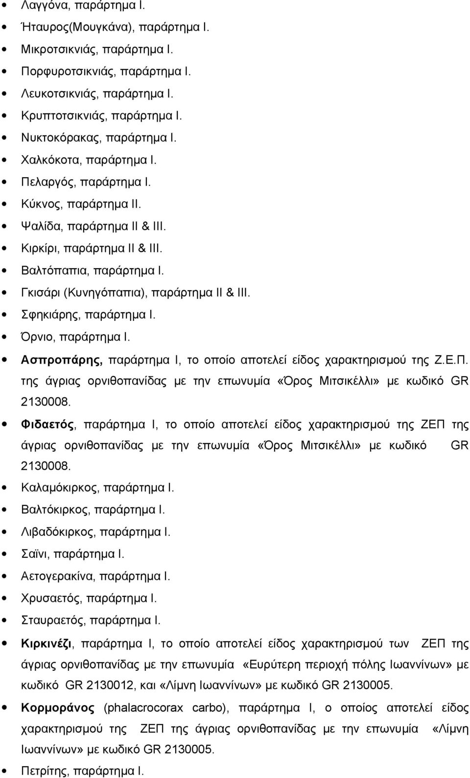 Σφηκιάρης, παράρτημα Ι. Όρνιο, παράρτημα Ι. Ασπροπάρης, παράρτημα Ι, το οποίο αποτελεί είδος χαρακτηρισμού της Ζ.Ε.Π. της άγριας ορνιθοπανίδας με την επωνυμία «Όρος Μιτσικέλλι» με κωδικό GR 2130008.