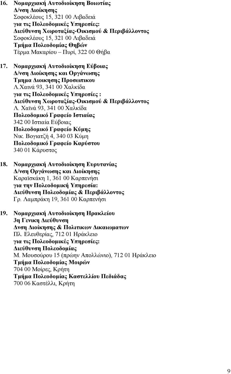 Χαϊνά 93, 341 00 Χαλκίδα Πολεοδοµικό Γραφείο Ιστιαίας 342 00 Ιστιαία Εύβοιας Πολεοδοµικό Γραφείο Κύµης Νικ. Βογιατζή 4, 340 03 Κύµη Πολεοδοµικό Γραφείο Καρύστου 340 01 Κάρυστος 18.