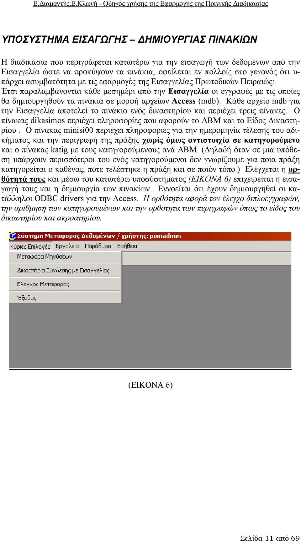 Access (mdb). Κάθε αρχείο mdb για την Εισαγγελία αποτελεί το πινάκιο ενός δικαστηρίου και περιέχει τρεις πίνακες. Ο πίνακας dikasimos περιέχει πληροφορίες που αφορούν το ΑΒΜ και το Είδος Δικαστηρίου.