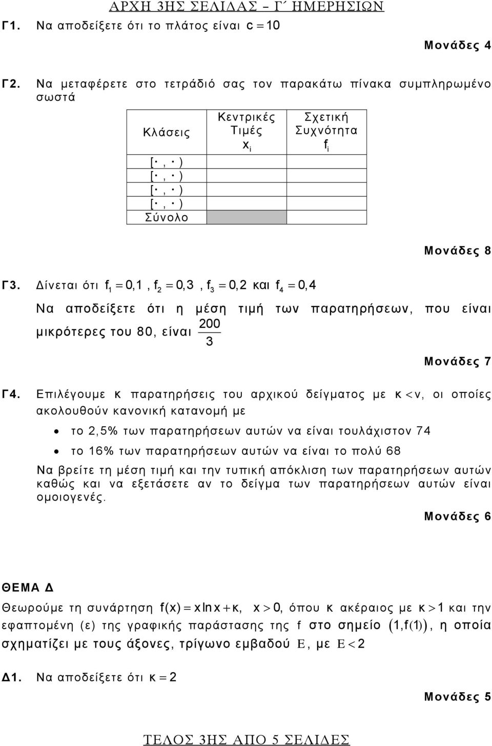 Δίνεται ότι f = 0,, f2 = 0,, f = 0,2 και f4 = 0,4 Να αποδείξετε ότι η μέση τιμή των παρατηρήσεων, που είναι μικρότερες του 80, είναι 200 Γ4.