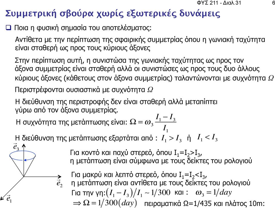 κύριους άξονες Στην περίπτωση αυτή, η συνιστώσα της γωνιακής ταχύτητας ως προς τον άξονα συµµετρίας είναι σταθερή αλλά οι συνιστώσες ως προς τους δυο άλλους κύριους άξονες (κάθετους στον άξονα