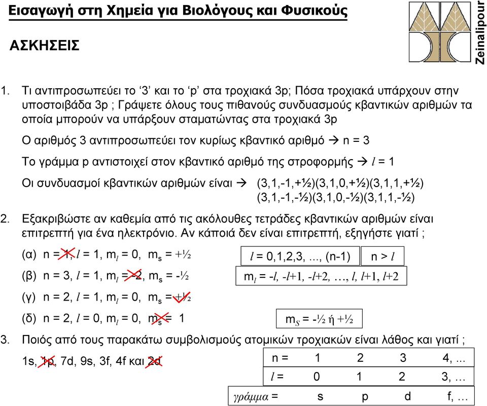 τροχιακά 3p O αριθμός 3 αντιπροσωπεύει τον κυρίως κβαντικό αριθμό n = 3 Το γράμμα p αντιστοιχεί στον κβαντικό αριθμό της στροφορμής l = 1 Οι συνδυασμοί κβαντικών αριθμών είναι