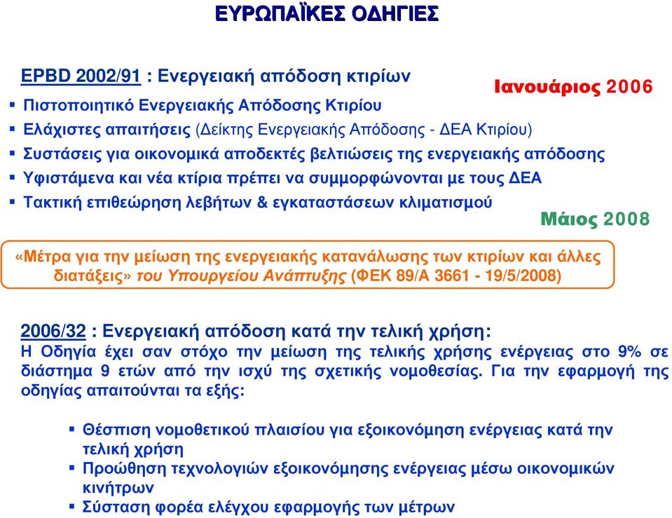 για την µείωση της ενεργειακής κατανάλωσης των κτιρίων και άλλες διατάξεις» του Υπουργείου Ανάπτυξης (ΦΕΚ 89/Α 3661-19/5/2008) 2006/32 : Ενεργειακή απόδοση κατά την τελική χρήση: Η Οδηγία έχει σαν