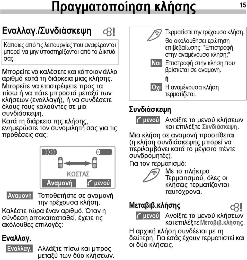 Μπορείτε να επιστρέψετε προς τα πίσω ή να πάτε µπροστά µεταξύ των κλήσεων (εναλλαγή), ή να συνδέσετε όλους τους καλούντες σε µια συνδιάσκεψη.