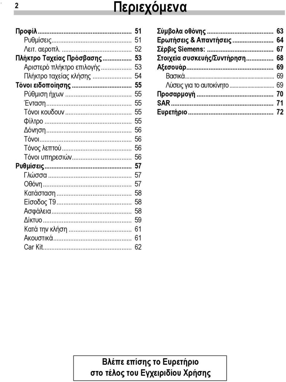 .. 57 Κατάσταση... 58 Είσοδος Τ9... 58 Ασφάλεια... 58 ίκτυο... 59 Κατά την κλήση... 61 Ακουστικά... 61 Car Kit... 62 Σύµβολα οθόνης... 63 Ερωτήσεις & Απαντήσεις... 64 Σέρβις Siemens:.