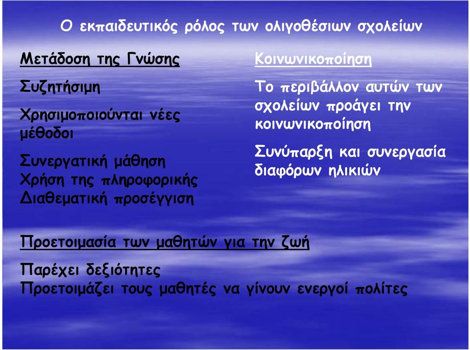 περιβάλλον αυτών των σχολείων προάγει την κοινωνικοποίηση Συνύπαρξη και συνεργασία διαφόρων ηλικιών