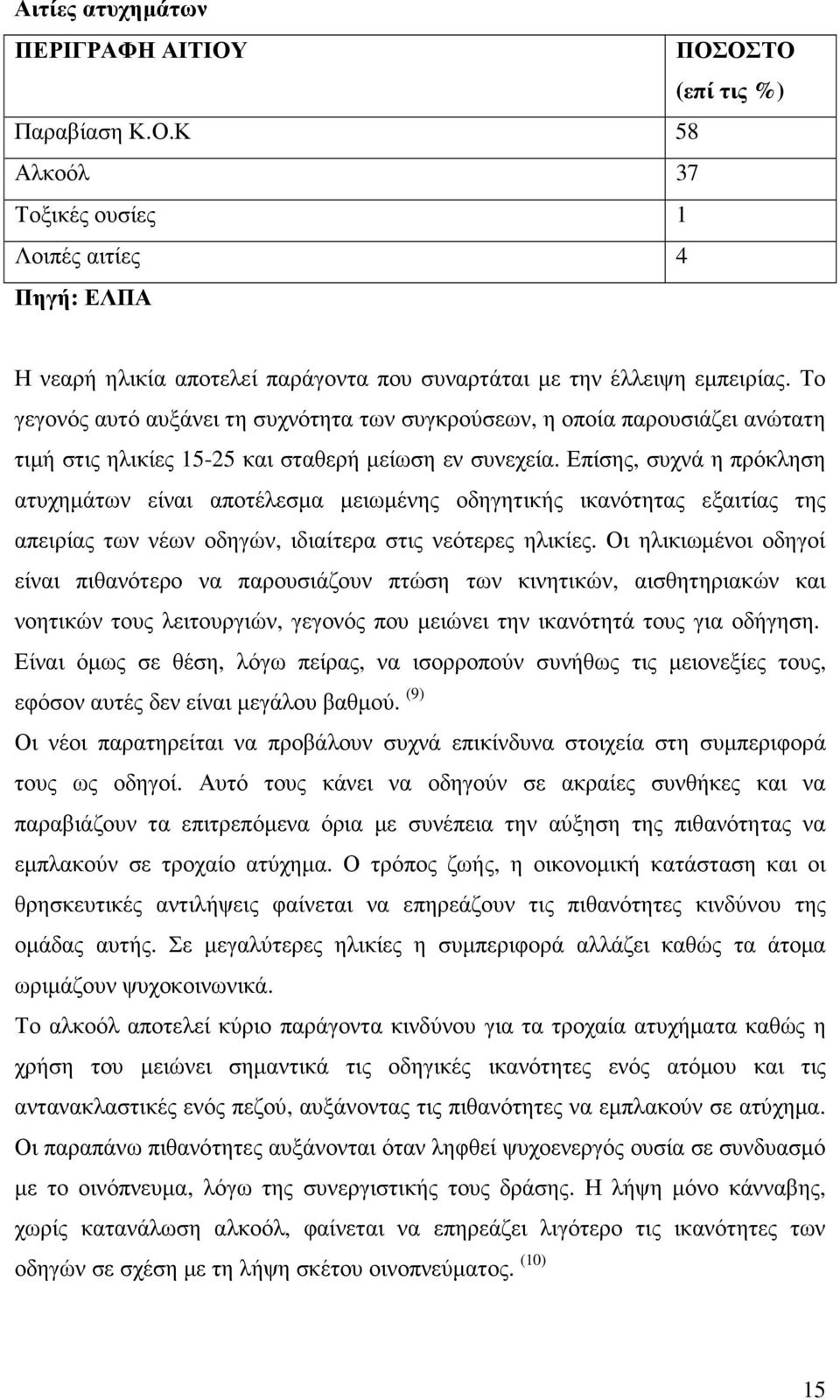 Επίσης, συχνά η πρόκληση ατυχηµάτων είναι αποτέλεσµα µειωµένης οδηγητικής ικανότητας εξαιτίας της απειρίας των νέων οδηγών, ιδιαίτερα στις νεότερες ηλικίες.