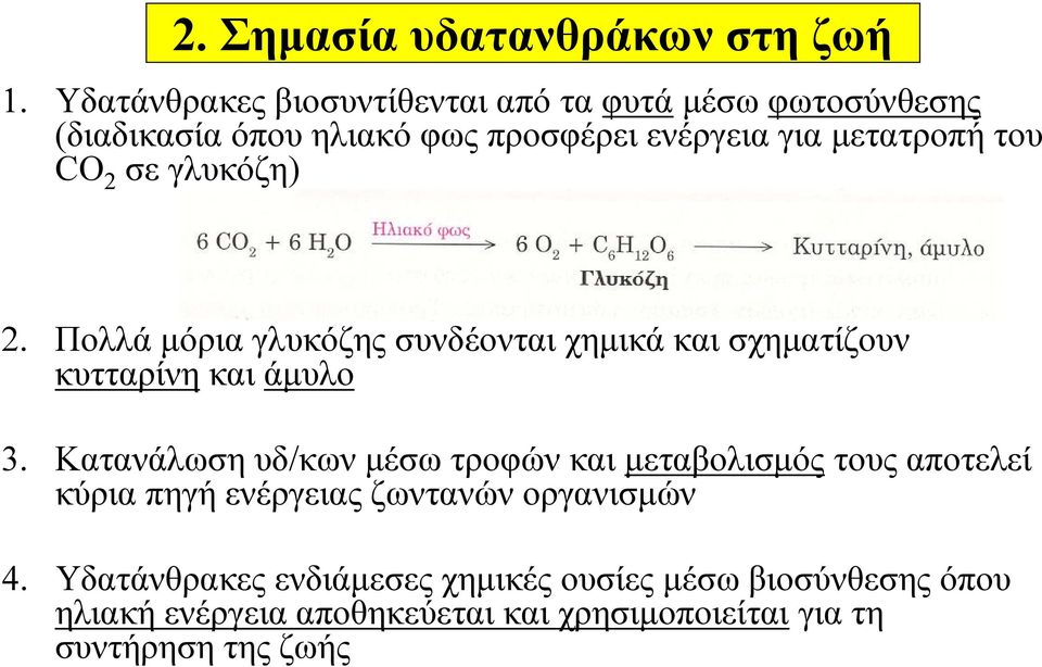 CO 2 σε γλυκόζη) 2. Πολλά μόρια γλυκόζης συνδέονται χημικά και σχηματίζουν κυτταρίνη και άμυλο 3.