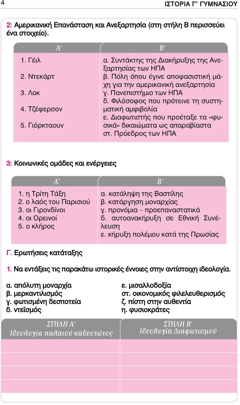 ιαφωτιστής που προέταξε τα «φυσικά» δικαιώµατα ως απαραβίαστα 5. Γιόρκταουν στ. Πρόεδρος των ΗΠΑ 3: Κοινωνικές οµάδες και ενέργειες Γ. Ερωτήσεις κατάταξης A B 1. η Τρίτη Τάξη 2. ο λαός του Παρισιού 3.