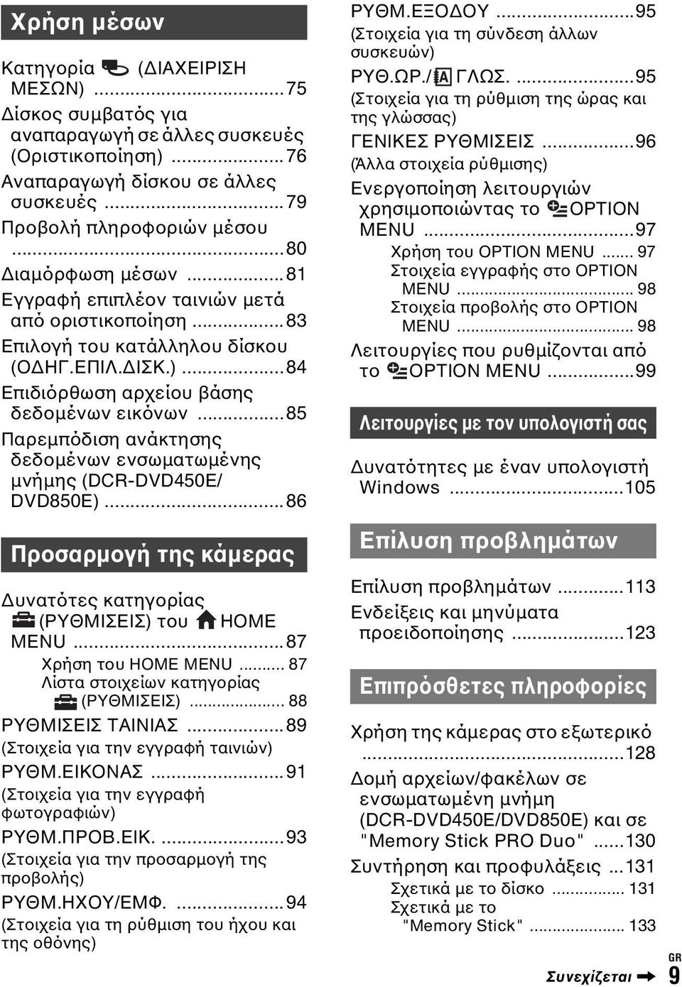 ..85 Παρεμπόδιση ανάκτησης δεδομένων ενσωματωμένης μνήμης (DCR-DVD450E/ DVD850E)...86 Προσαρμογή της κάμερας Δυνατότες κατηγορίας (ΡΥΘΜΙΣΕΙΣ) του HOME MENU...87 Χρήση του HOME MENU.