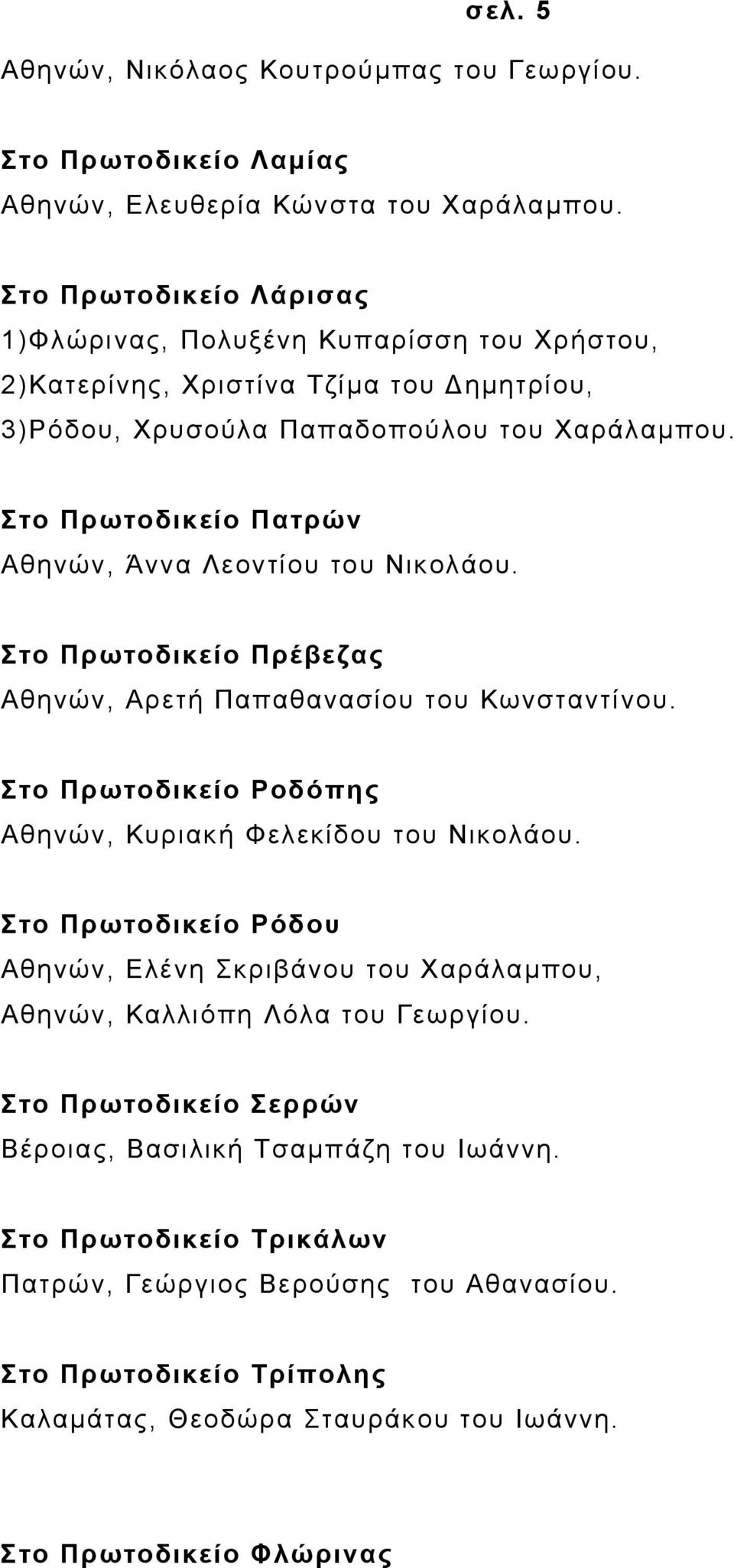 Στο Πρωτοδικείο Πατρών Αθηνών, Άννα Λεοντίου του Νικολάου. Στο Πρωτοδικείο Πρέβεζας Αθηνών, Αρετή Παπαθανασίου του Κωνσταντίνου. Στο Πρωτοδικείο Ροδόπης Αθηνών, Κυριακή Φελεκίδου του Νικολάου.