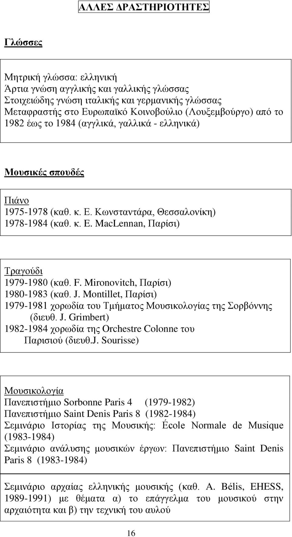 Mironovitch, Παξίζη) 1980-1983 (θαζ. J. Montillet, Παξίζη) 1979-1981 ρνξσδία ηνπ Σκήκαηνο Μνπζηθνινγίαο ηεο νξβφλλεο (δηεπζ. J. Grimbert) 1982-1984 ρνξσδία ηεο Orchestre Colonne ηνπ Παξηζηνχ (δηεπζ.j.