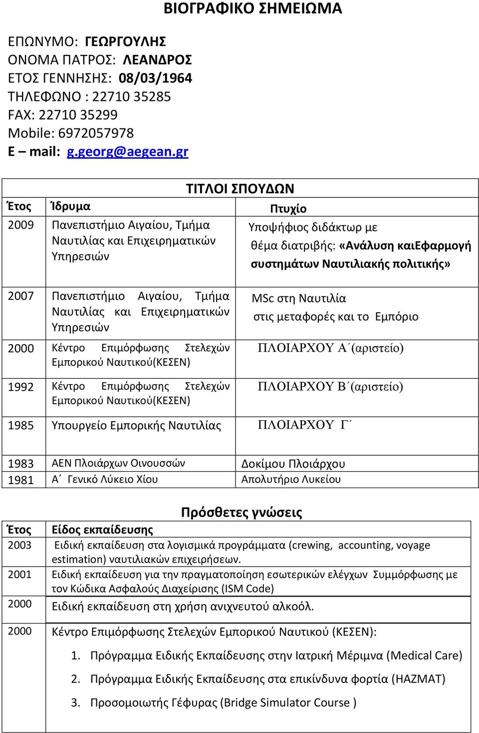 Ναυτιλιακής πολιτικής» 2007 Πανεπιστήμιο Αιγαίου, Τμήμα Ναυτιλίας και Επιχειρηματικών Υπηρεσιών 2000 Κέντρο Επιμόρφωσης Στελεχών Εμπορικού Ναυτικού(ΚΕΣΕΝ) 1992 Κέντρο Επιμόρφωσης Στελεχών Εμπορικού